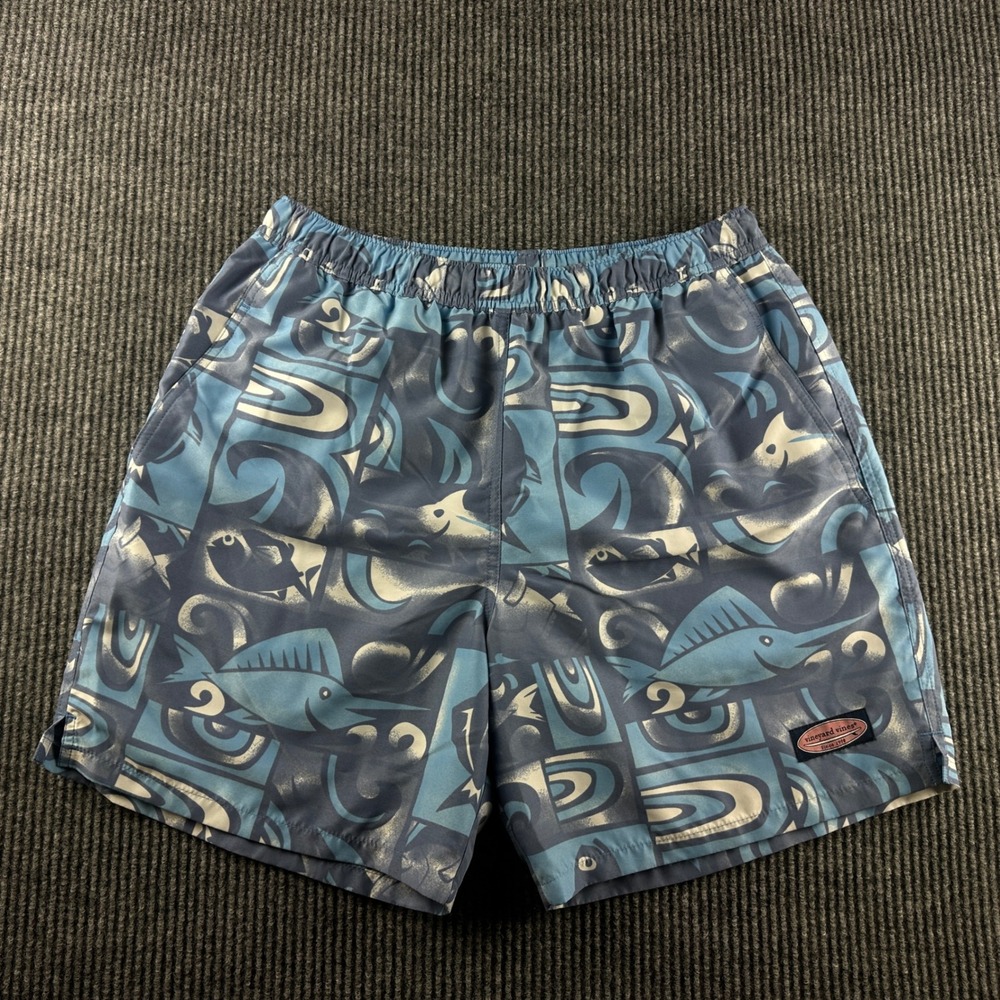 Vineyard Vines Mens Blue Marlin Fish Print Swim Trunks Mesh Lined Medium